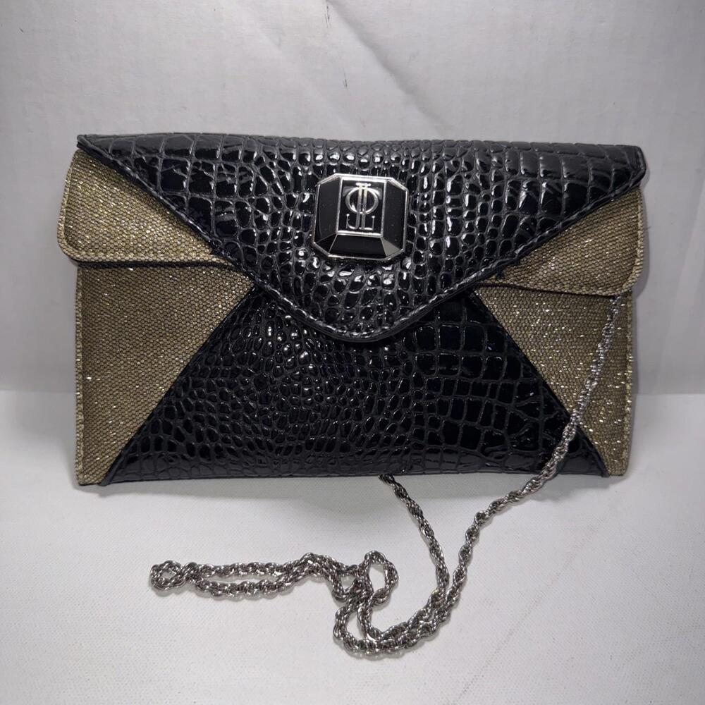 JLO‎ Sml Gold Black Handbag Faux Crocodile Old Money Classy Shoulder Clutch Bag